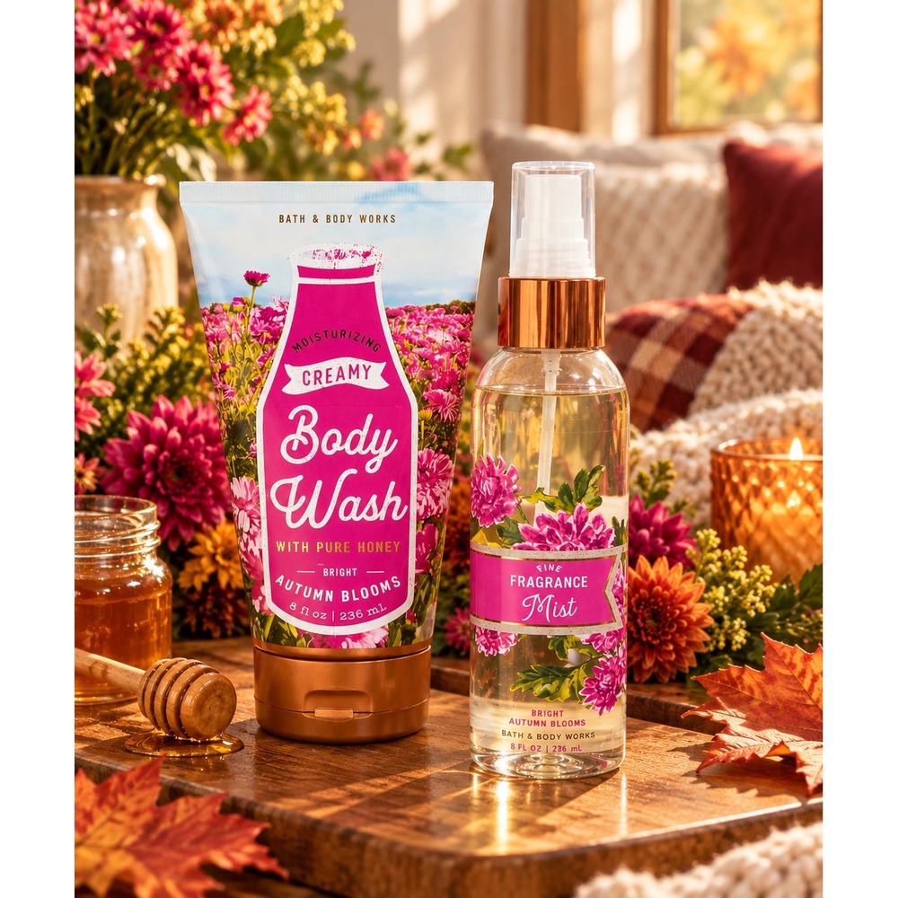 RARE Bath & Body Works Bright Autumn Blooms Body Wash Fine Fragrance Mist Set